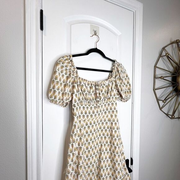 Dizzy Lizzy Shirred Floral Print Mini Dress Size M Cotton White Yellow - Picture 2 of 7